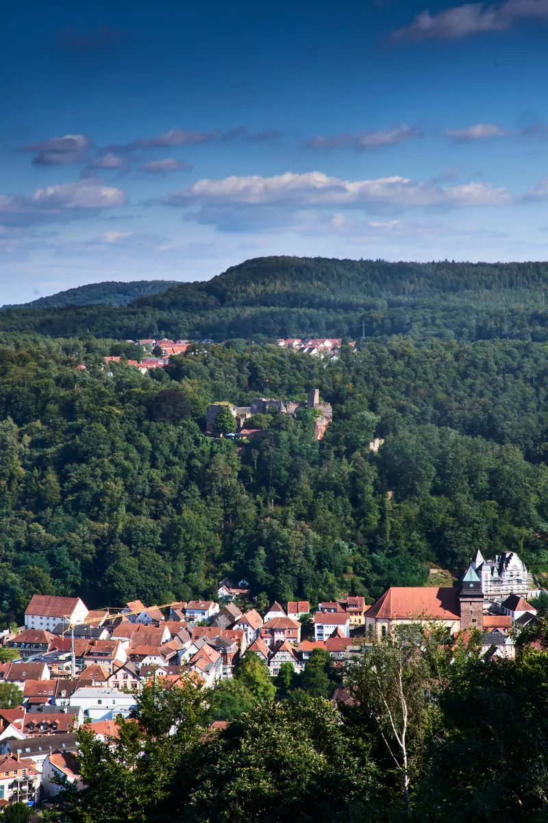 Landstuhl seen from above, with Nanstein Castle on the wooded hill behind it
